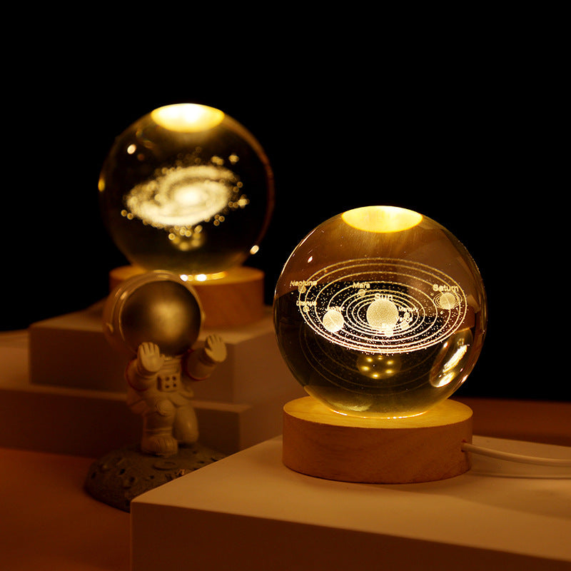 Crystal Ball Carved Luminous Night Light Creative Desktop Ornaments Wooden Base Christmas Holiday Gifts